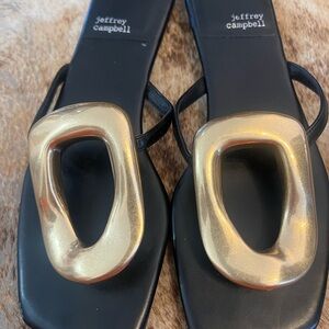 Jeffrey Campbell Black and Gold Sandals with Modern Design